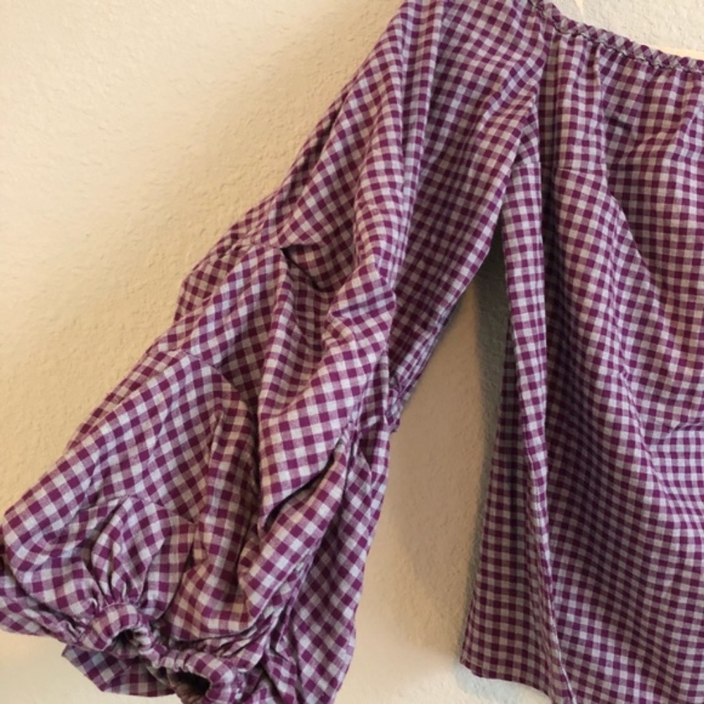 Guest Editor Purple & Gray Gingham Puff Sleeve Top - Picture 2 of 4